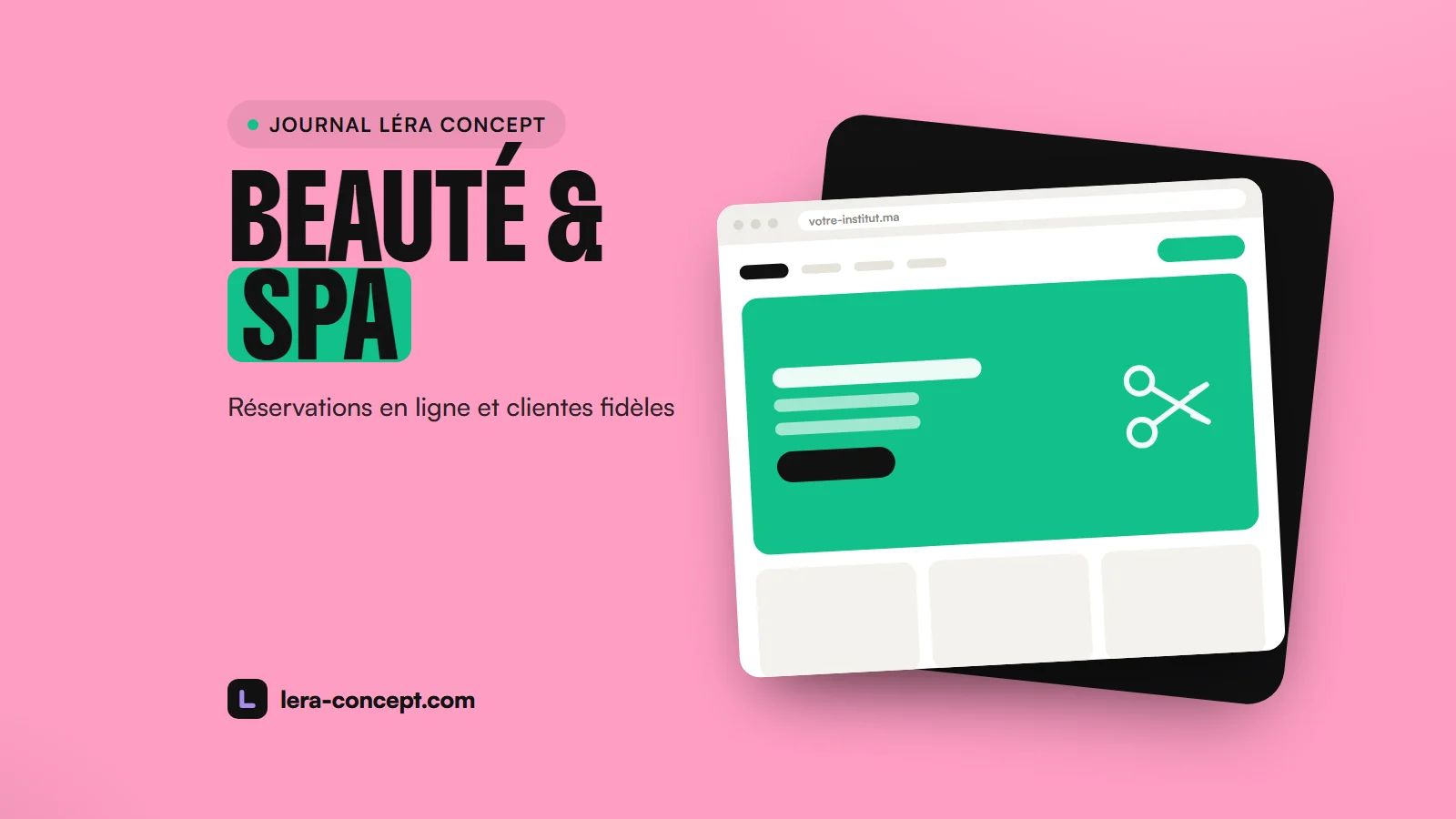 Illustration : la maquette du site d’un institut de beauté, avec des ciseaux, sur fond rose
