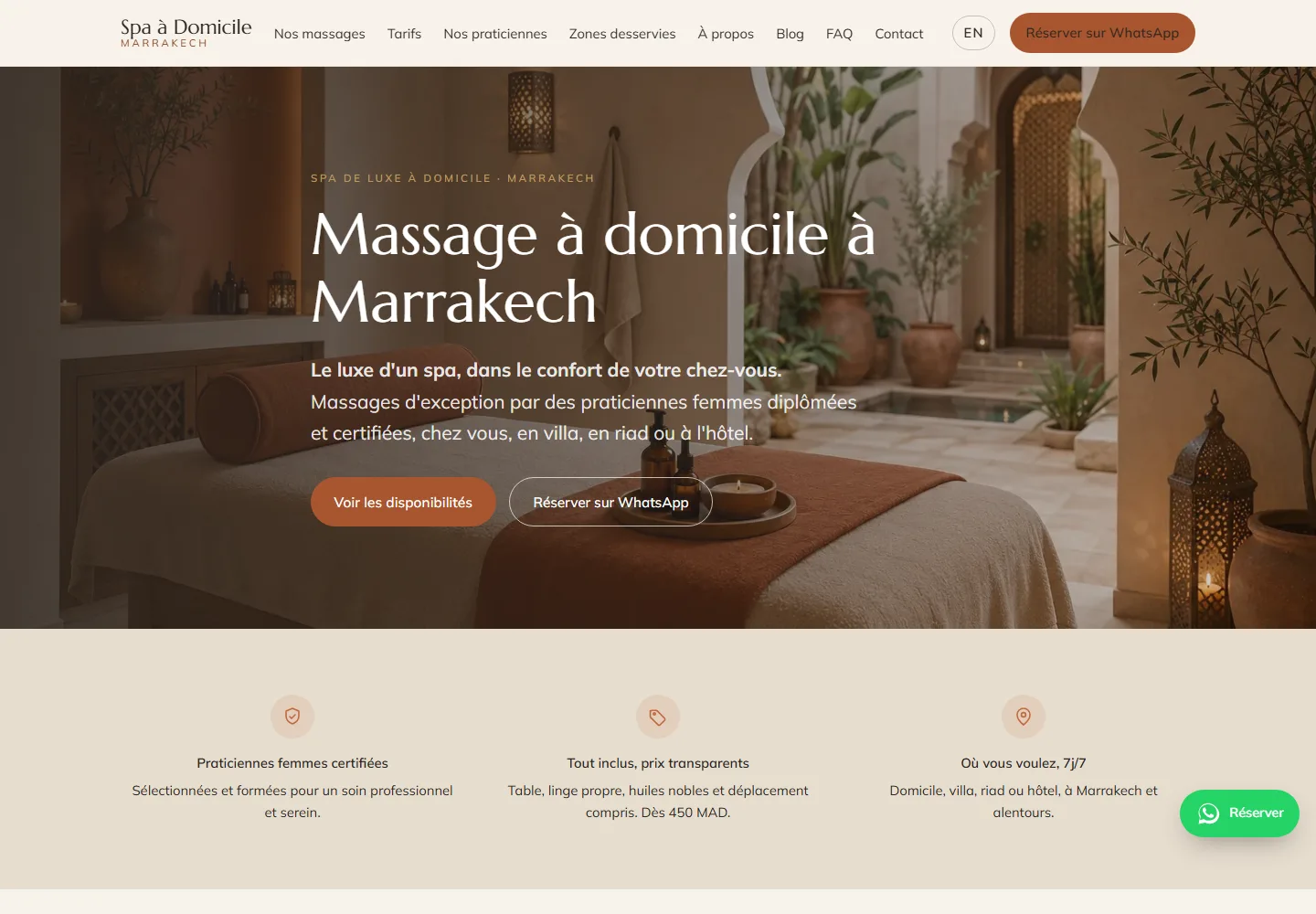 Page d’accueil du site Spa à Domicile Marrakech