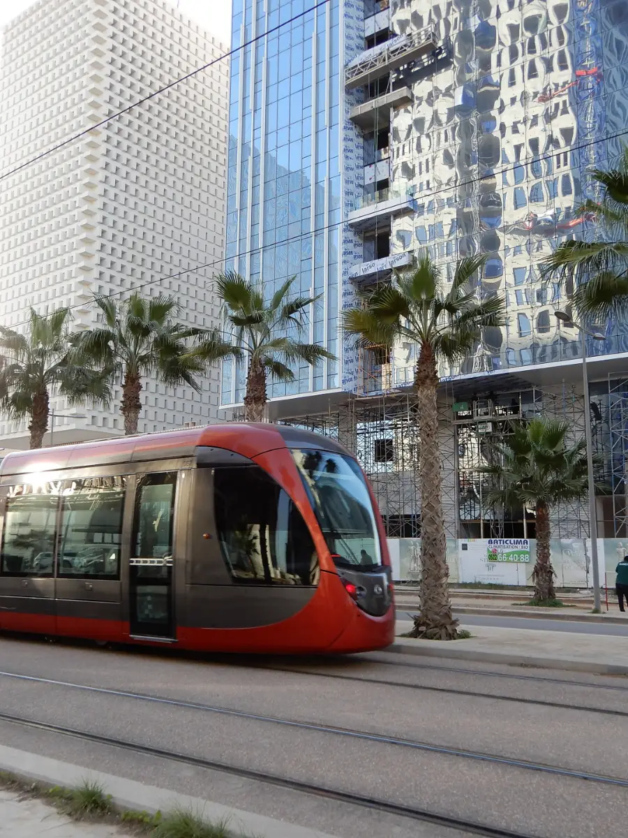 The Casablanca tramway at the foot of the Casablanca Finance City towers